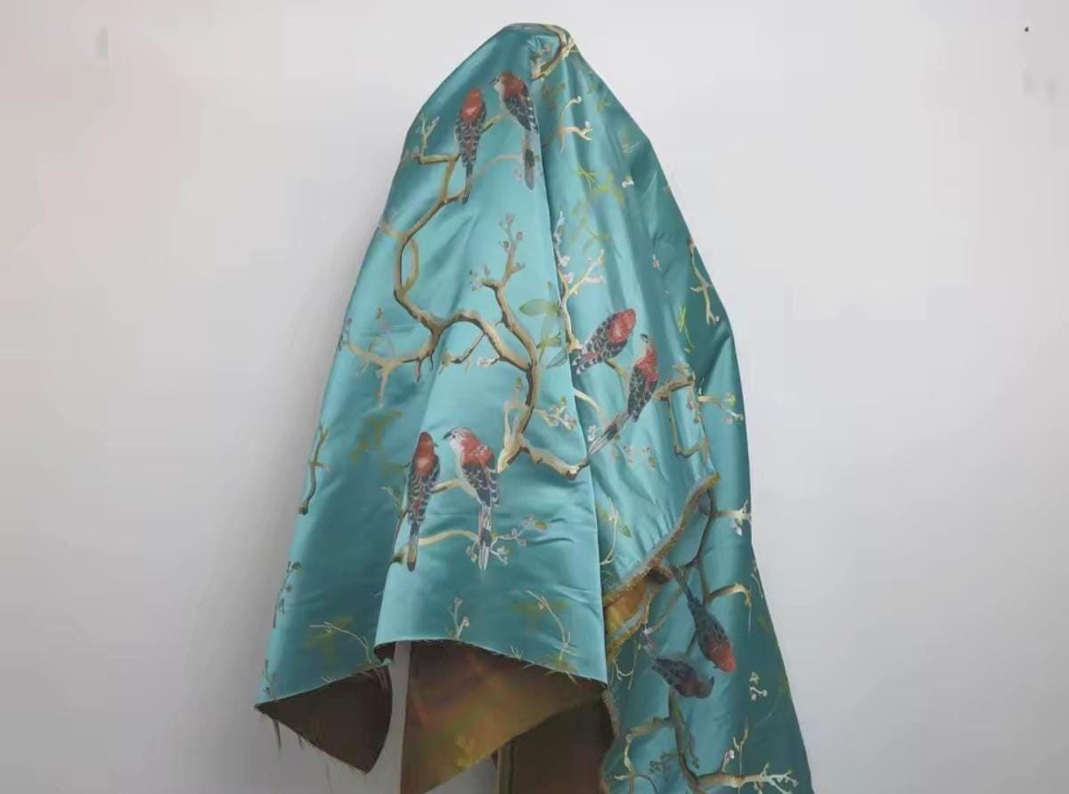 Fabric, Aqua Jacquard, Birds Blossoms, Clothing, Upholstery Pillows Curtains, Collages, Fabric Crafts, 150 cm Wide, Sold By The Meter, Soft