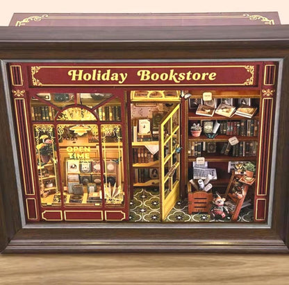 3D Book Nook, Holiday Bookstore DIY Mini Replica Kit, Mount as Wall Art, USB Lights, Wooden Diorama, Adult or Teen, Gift Holiday Charm