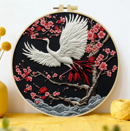 Embroidery DIY Starter Kit, Red Crane, Beginners, Cotton Thread, Bamboo Hoop
