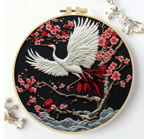 Embroidery DIY Starter Kit, Red Crane, Beginners, Cotton Thread, Bamboo Hoop