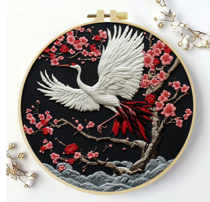 Embroidery DIY Starter Kit, Red Crane, Beginners, Cotton Thread, Bamboo Hoop