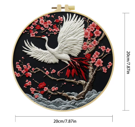 Embroidery DIY Starter Kit, Red Crane, Beginners, Cotton Thread, Bamboo Hoop