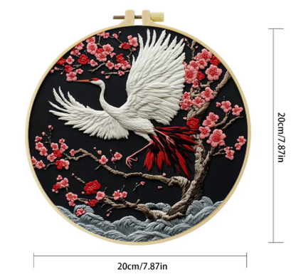 Embroidery DIY Starter Kit, Red Crane, Beginners, Cotton Thread, Bamboo Hoop