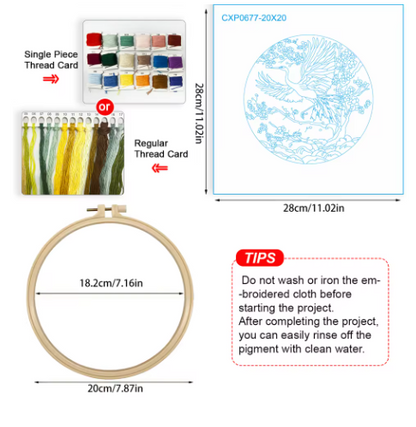 Embroidery DIY Starter Kit, Red Crane, Beginners, Cotton Thread, Bamboo Hoop