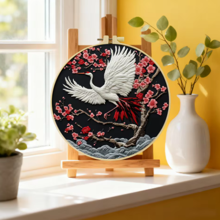 Embroidery DIY Starter Kit, Red Crane, Beginners, Cotton Thread, Bamboo Hoop