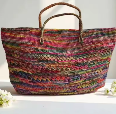 Sac à main fourre-tout en paille tissé à la main, effet raphia, bloc de couleurs arc-en-ciel de luxe, grand format