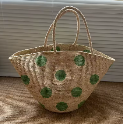 Sac cabas en paille raphia tressé à la main NATUREL, à pois, 40x40 cm
