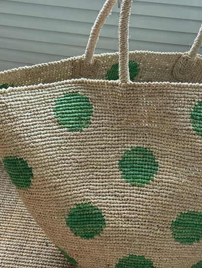 NATURAL Handwoven Raffia Straw Tote Handbag, Polka Dots, 40x40 cm