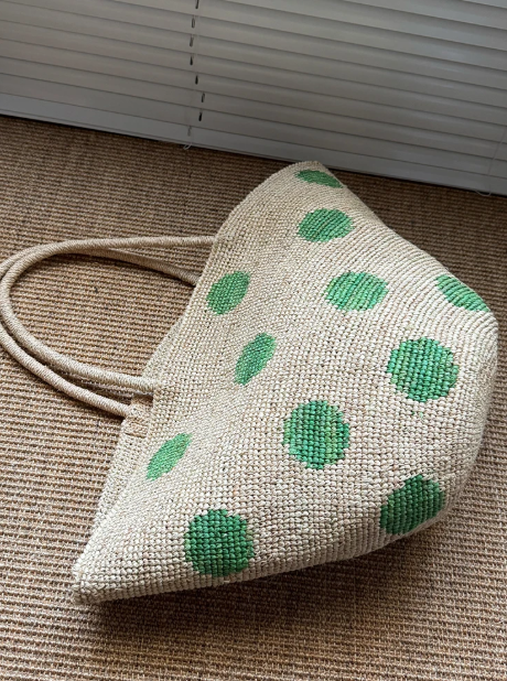 NATURAL Handwoven Raffia Straw Tote Handbag, Polka Dots, 40x40 cm
