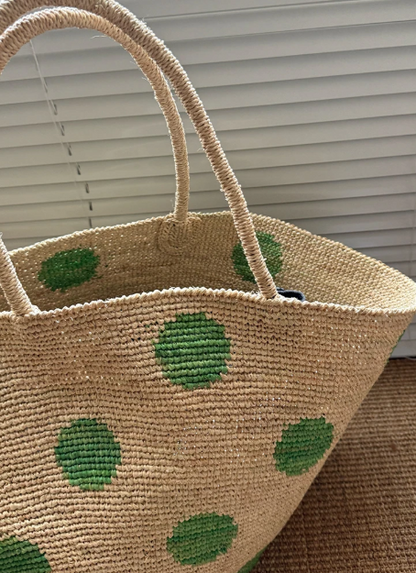NATURAL Handwoven Raffia Straw Tote Handbag, Polka Dots, 40x40 cm