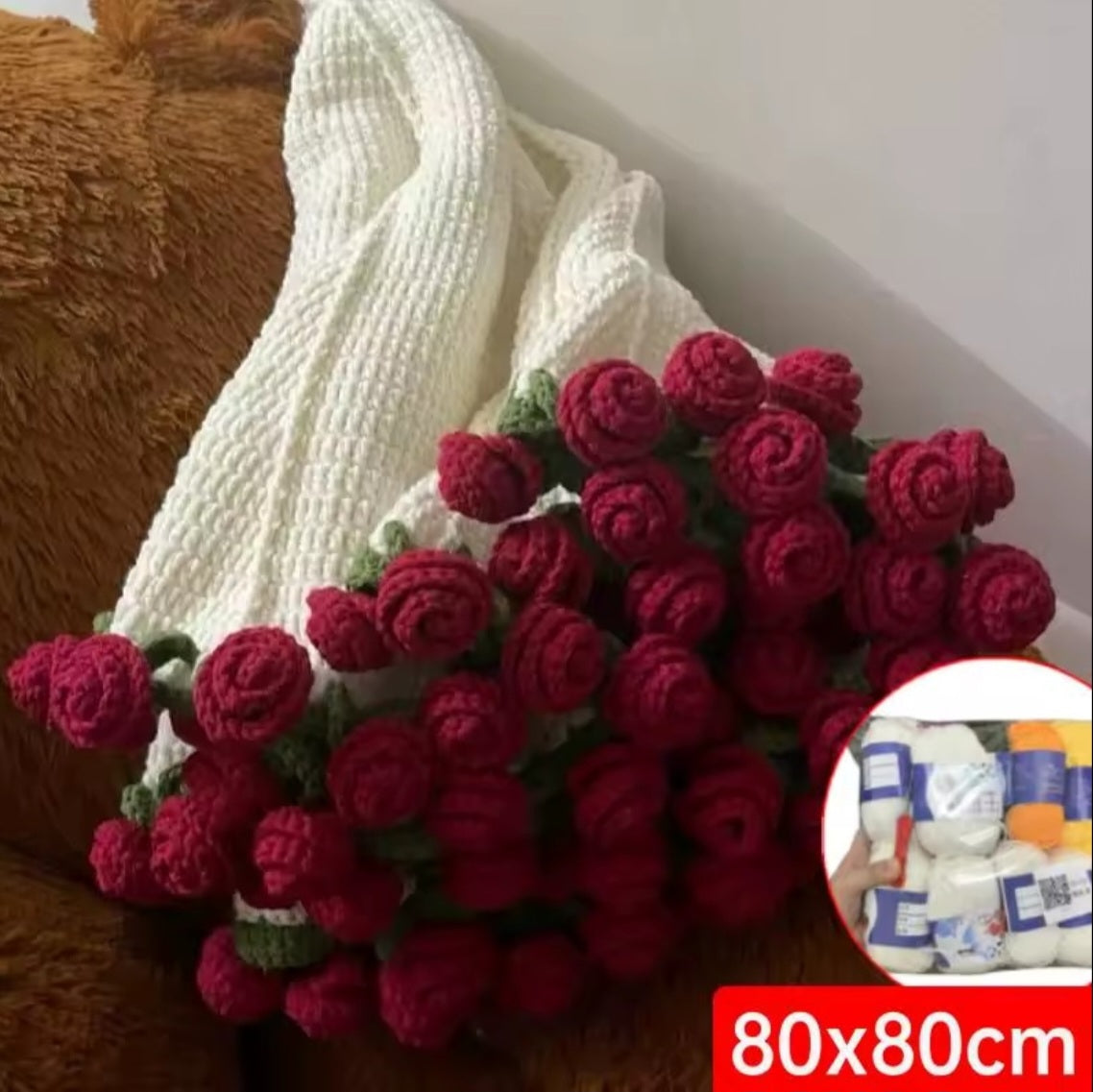 DIY Crochet Kit to Make Flower Bouquet Blanket, Red Roses, All Craft Materials Included