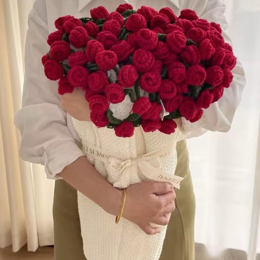 Kit de Crochet DIY pour Couverture Bouquet de Fleurs, Roses Rouges, Tout le Matériel d'Artisanat Inclus
