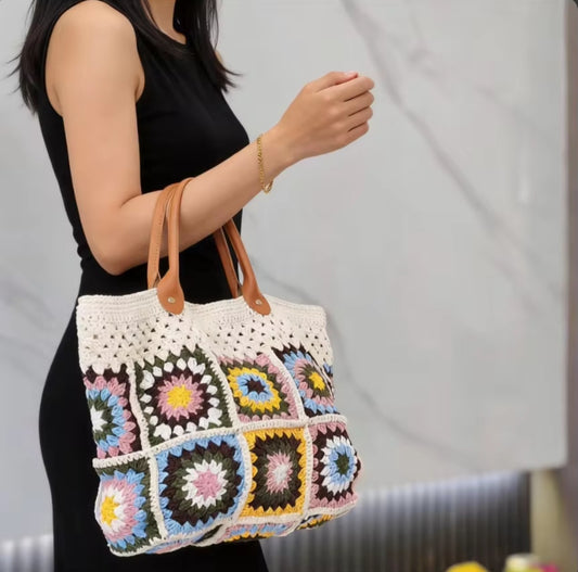 Boho Crochet Tote Bag, Granny Square, Large, Vintage Fashion, Ready to Wear