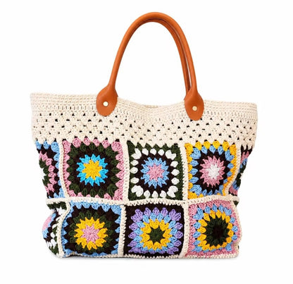 Boho Crochet Tote Bag for Women, Handmade Granny Square, Large, Vintage Fashion