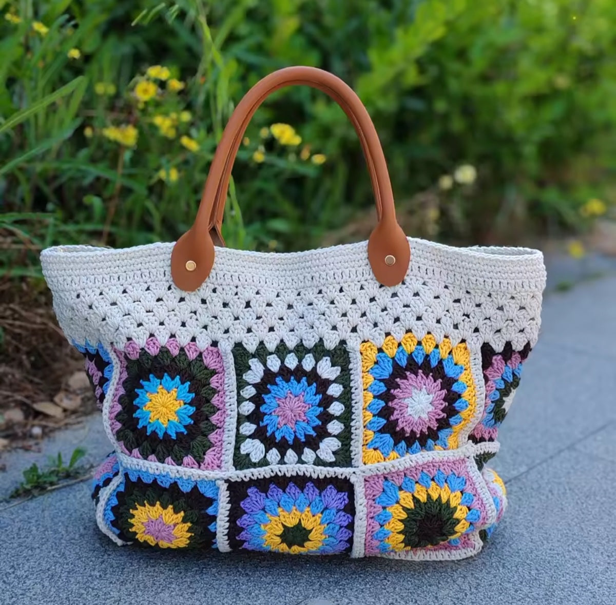 Boho Crochet Tote Bag for Women, Handmade Granny Square, Large, Vintage Fashion