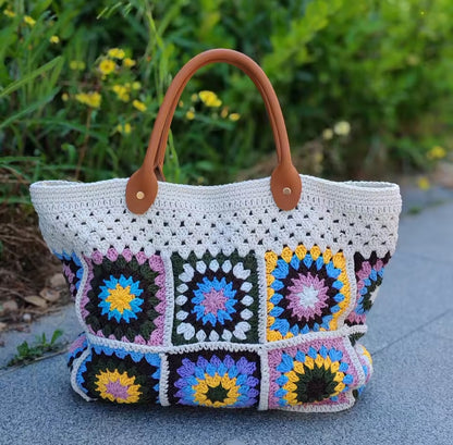 Boho Crochet Tote Bag for Women, Handmade Granny Square, Large, Vintage Fashion