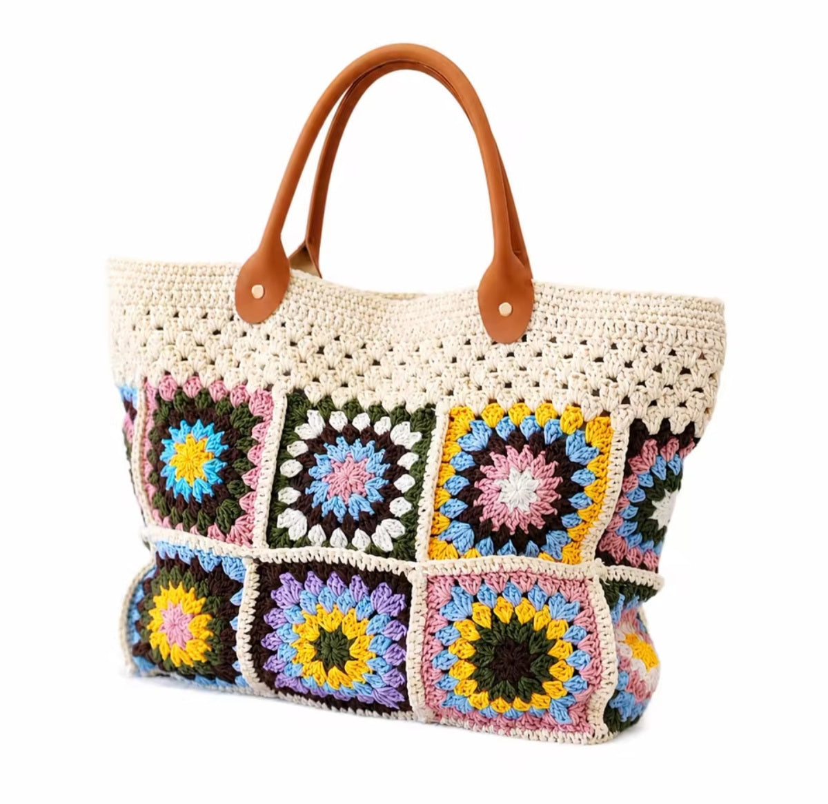 Boho Crochet Tote Bag for Women, Handmade Granny Square, Large, Vintage Fashion