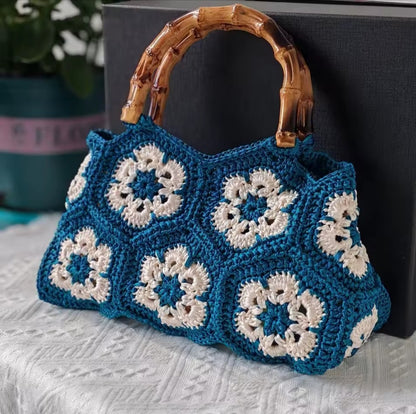 Handmade Crochet Granny Square Tote Bag with Bamboo-Style Handle