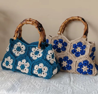 Handmade Crochet Granny Square Tote Bag with Bamboo-Style Handle