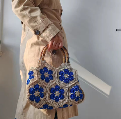 Handmade Crochet Granny Square Tote Bag with Bamboo-Style Handle