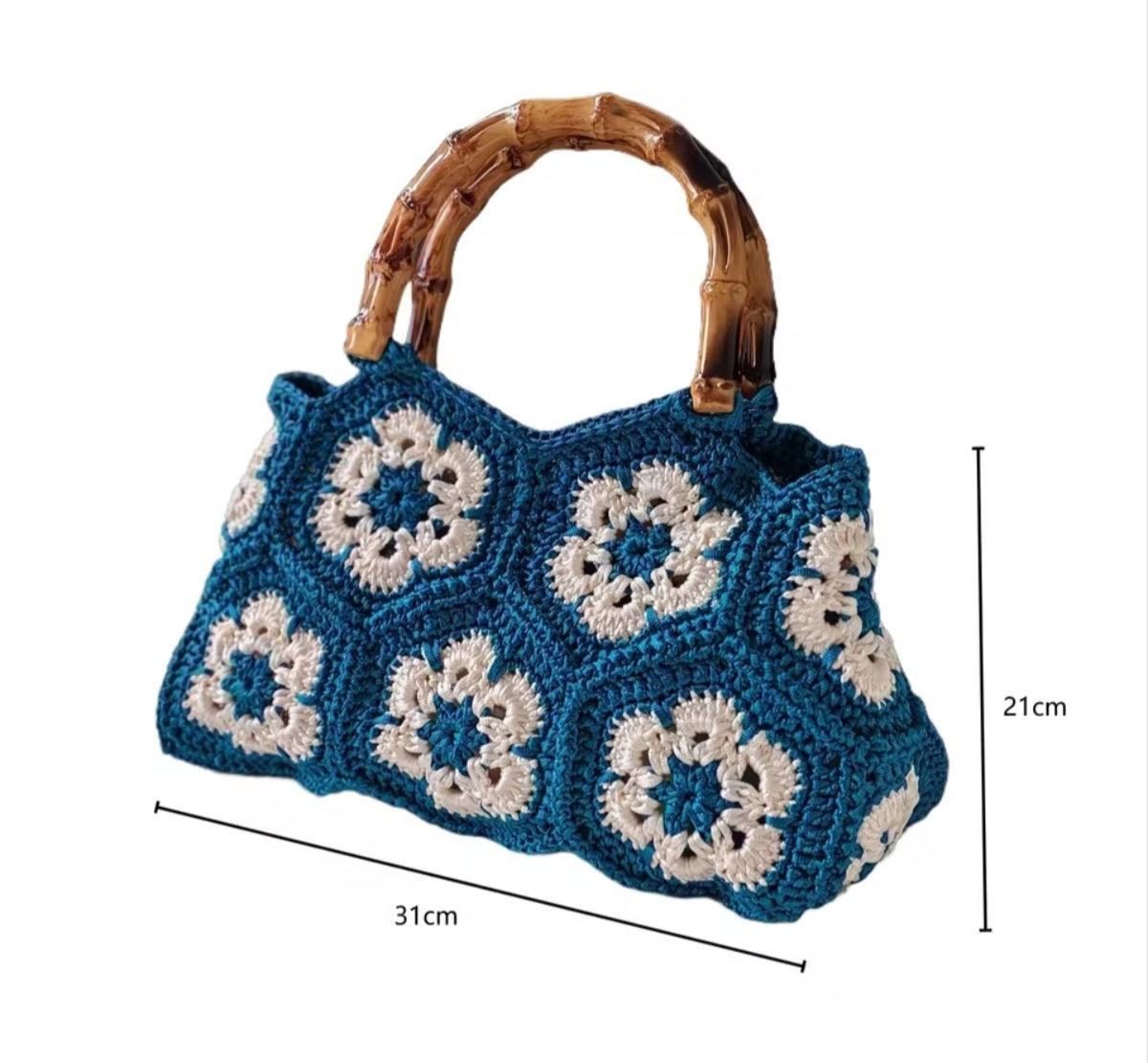Handmade Crochet Granny Square Tote Bag with Bamboo-Style Handle