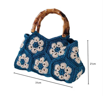 Handmade Crochet Granny Square Tote Bag with Bamboo-Style Handle