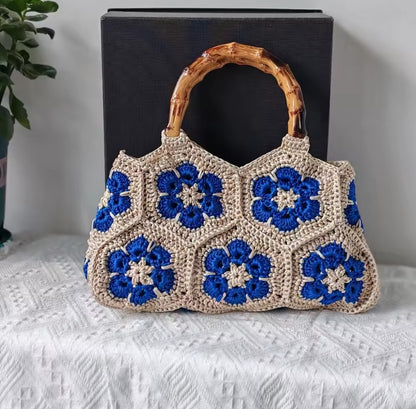 Handmade Crochet Granny Square Tote Bag with Bamboo-Style Handle