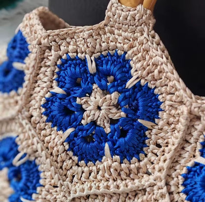 Handmade Crochet Granny Square Tote Bag with Bamboo-Style Handle