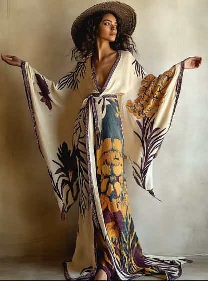 Dressing Gown, Watercolor Botanical, Lightweight Crinkle Loungewear, Cover Up