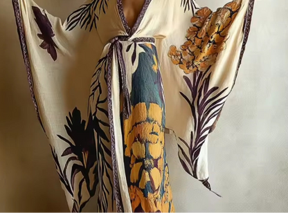 Dressing Gown, Watercolor Botanical, Lightweight Crinkle Sash, Cover Up