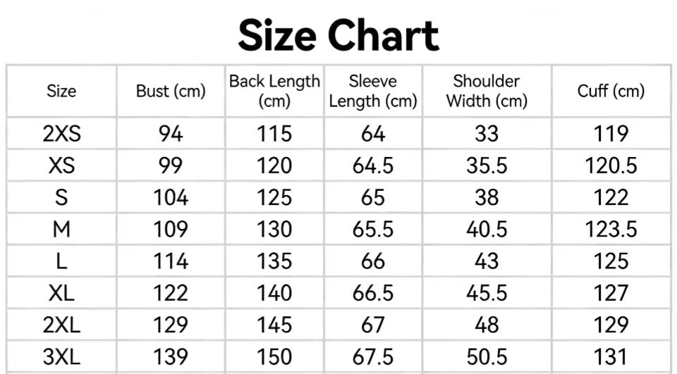 Size chart for clothing measurements in centimeters