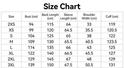 Size chart for clothing measurements in centimeters