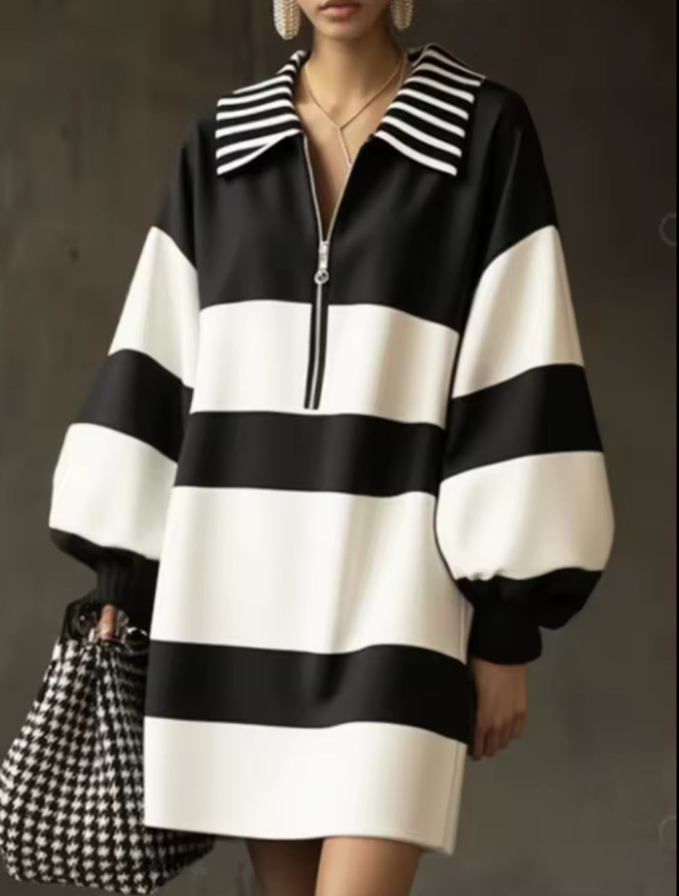 Mini Dress, Black White Striped Zipper, Puff Sleeves, Loose, Art Deco, Casual Cool