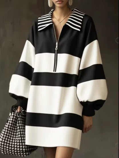 Mini Dress, Black White Striped Zipper, Puff Sleeves, Loose, Art Deco, Casual Cool