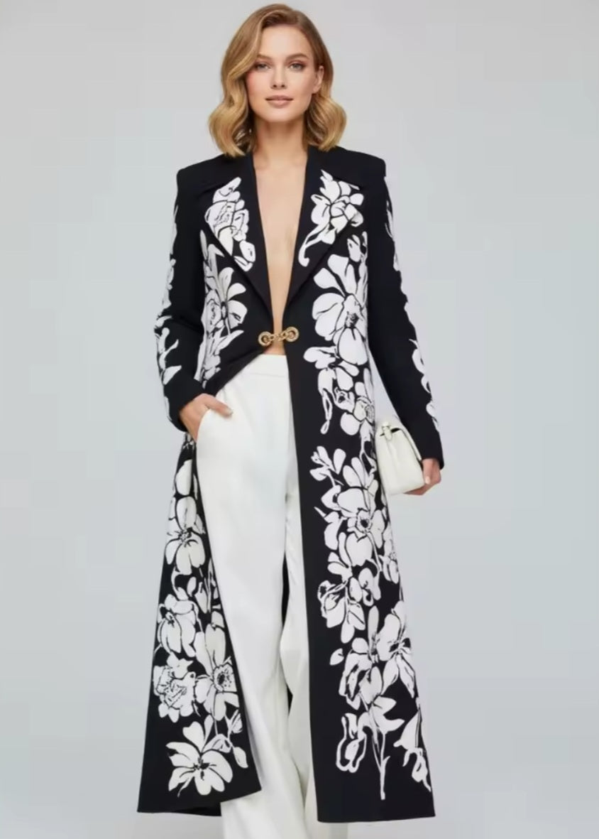 Formal Dress Coat, Black White, Floral, Long, Structured, for 3 Seasons