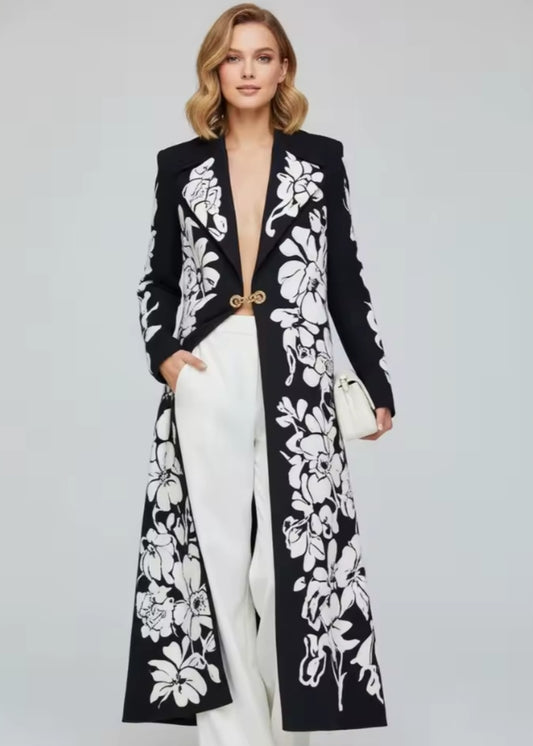 Manteau habillé, noir et blanc, floral, long, structuré, pour 3 saisons