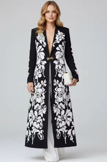 Formal Dress Coat, Black White, Floral, Long, Structured, for 3 Seasons