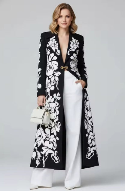 Formal Dress Coat, Black White, Floral, Long, Structured, for 3 Seasons
