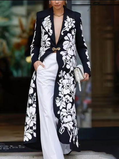 Formal Dress Coat, Black White, Floral, Long, Structured, for 3 Seasons