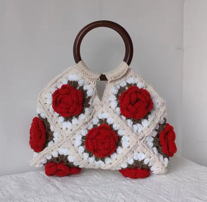 Handmade Crochet Rose Bag | Boho Floral Handbag with Wooden Handles (Copy)