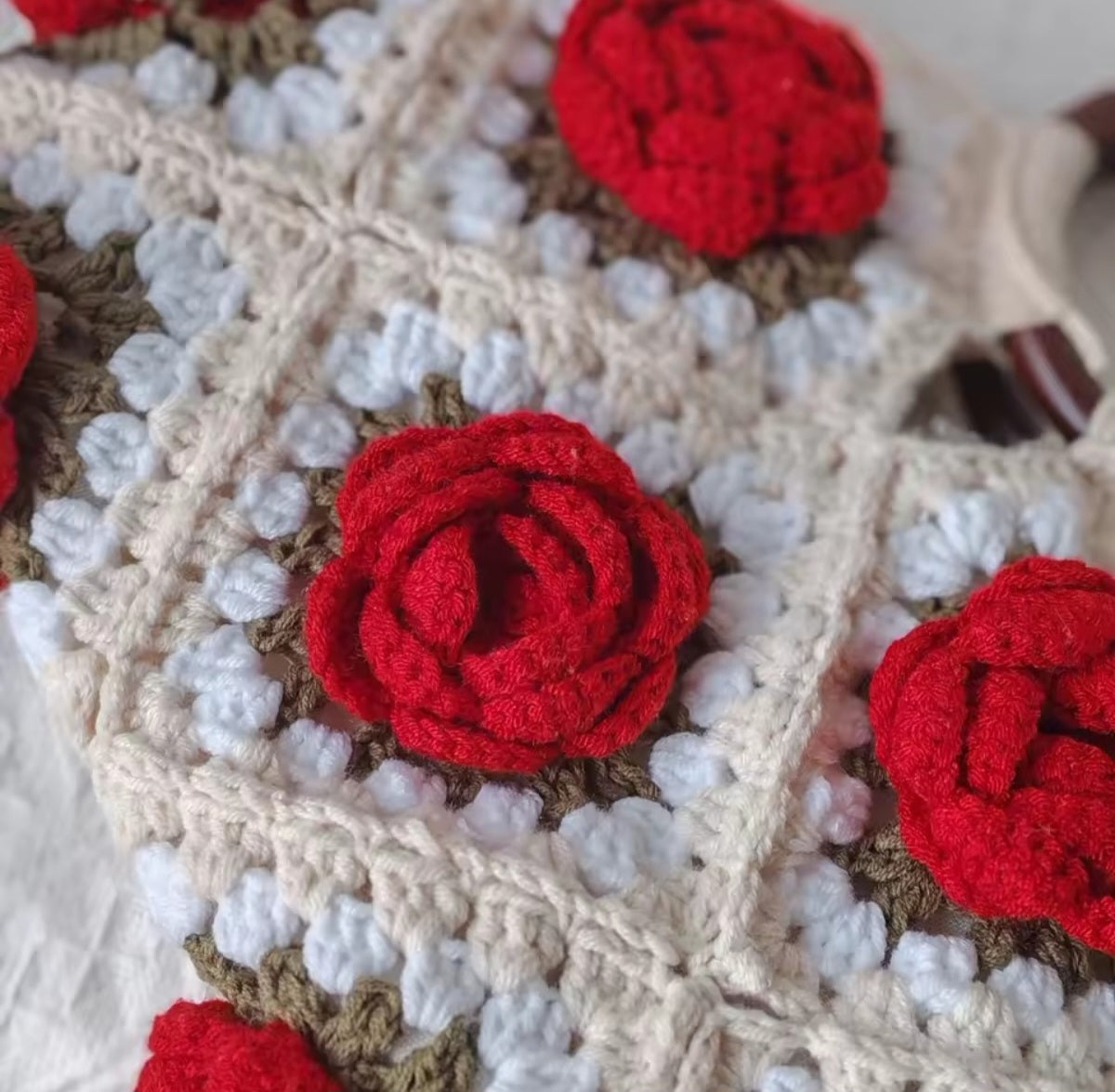 Handmade Crochet Rose Bag | Boho Floral Handbag with Wooden Handles (Copy)