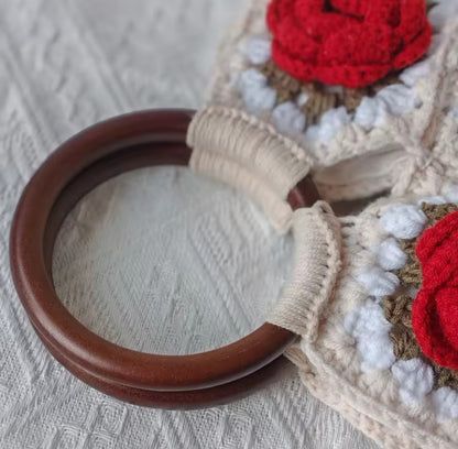 Handmade Crochet Rose Bag | Boho Floral Handbag with Wooden Handles (Copy)