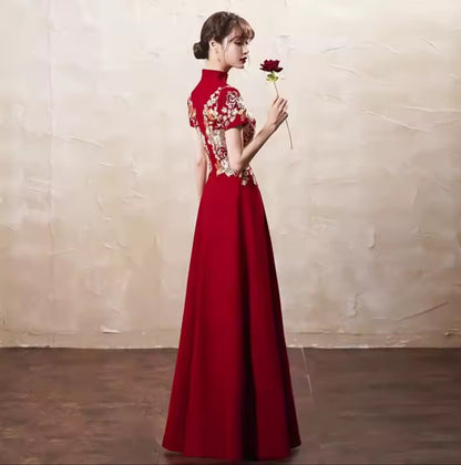 Luxury Embroidered Applique Satin Gown, Red Crimson, Artistic Details