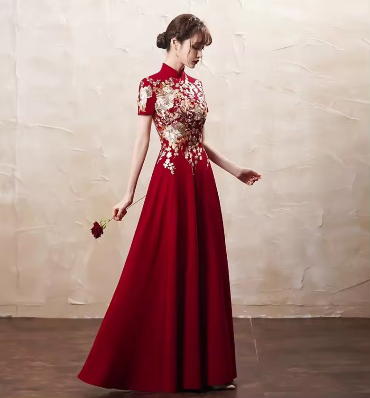 Luxury Embroidered Applique Satin Gown, Red Crimson, Artistic Details