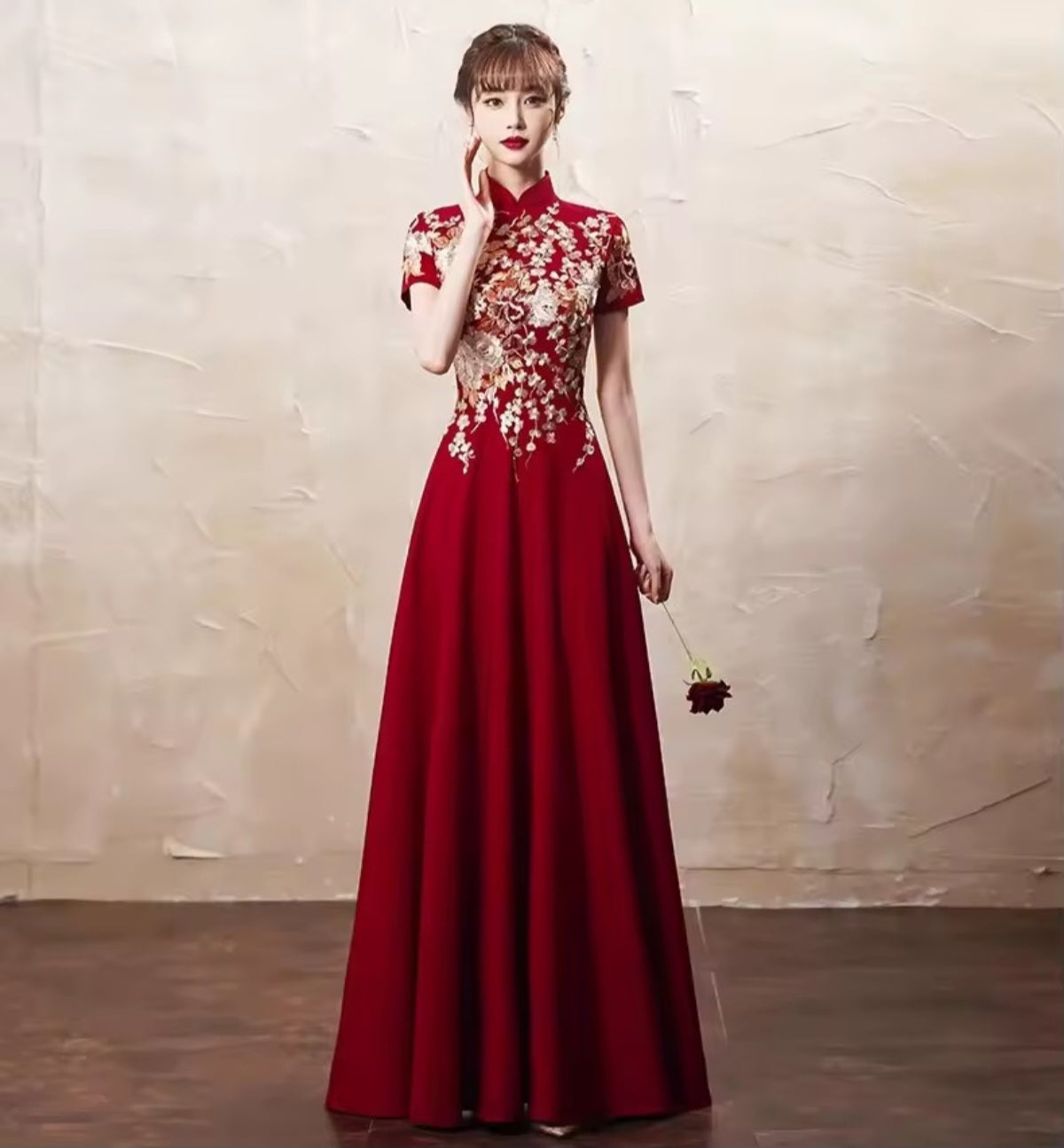 Luxury Embroidered Applique Satin Gown, Red Crimson, Artistic Details