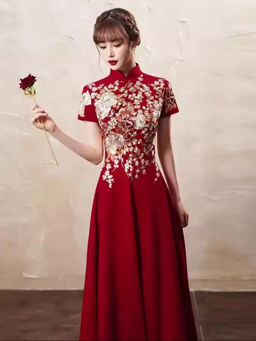 Luxury Embroidered Applique Satin Gown, Red Crimson, Artistic Details