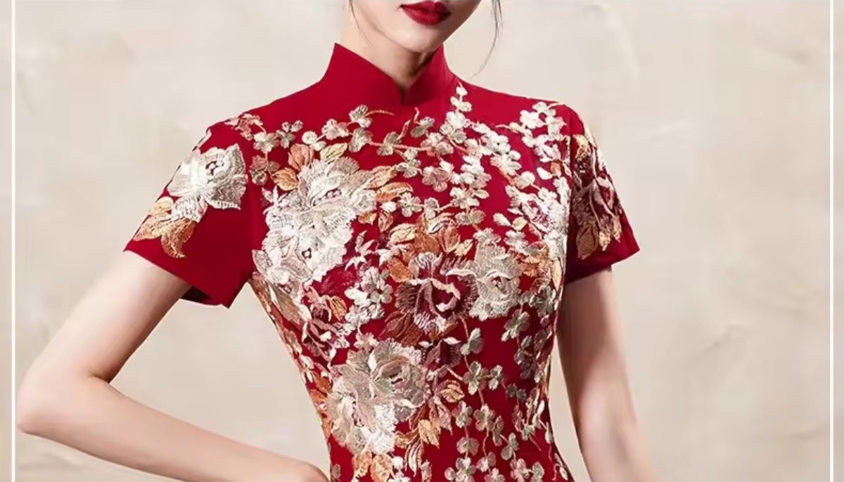 Luxury Embroidered Applique Satin Gown, Red Crimson, Artistic Details
