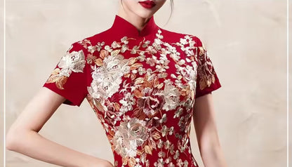 Luxury Embroidered Applique Satin Gown, Red Crimson, Artistic Details