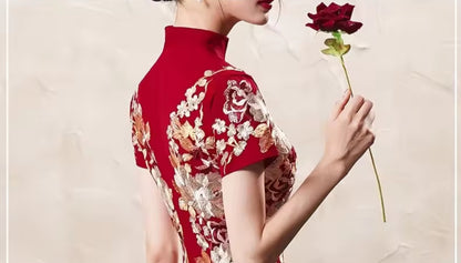 Luxury Embroidered Applique Satin Gown, Red Crimson, Artistic Details