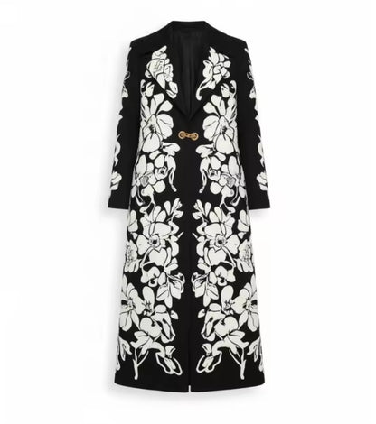 Formal Dress Coat, Black White, Floral, Long, Structured, for 3 Seasons